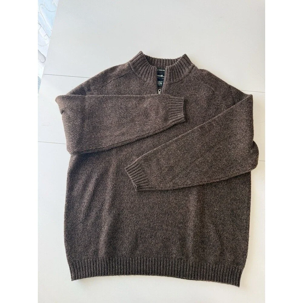 Eddie Bauer Sweater Mens XL 100% Merino Wool 1/4 Zip Mock Neck Knit Brown - Picture 2 of 13